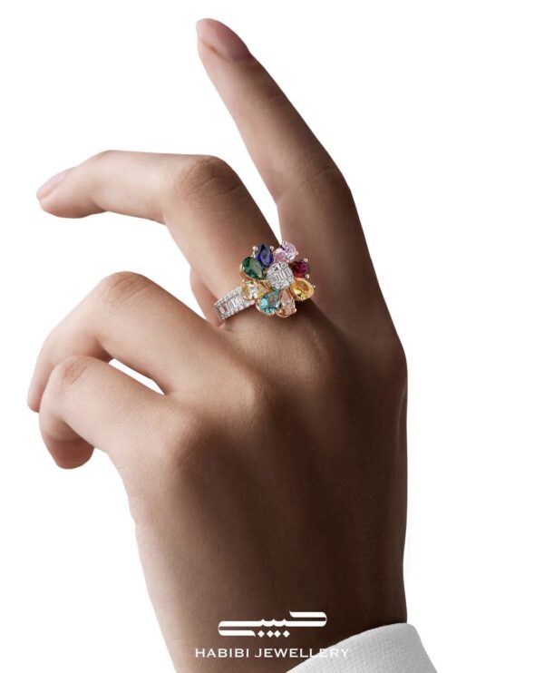 انگشتر جواهر طرح گل سنگ رنگی